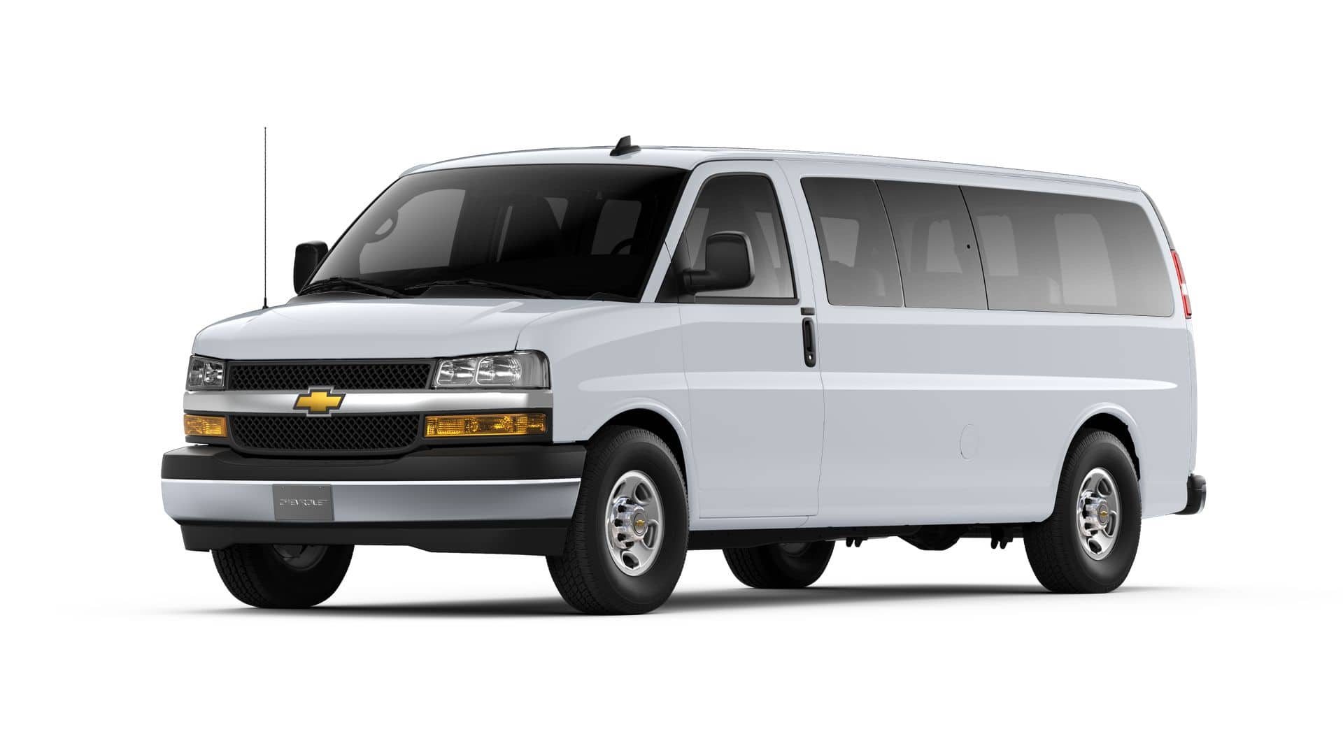 2026 Chevrolet Express Passenger LT in Summit White — front three-quarter view