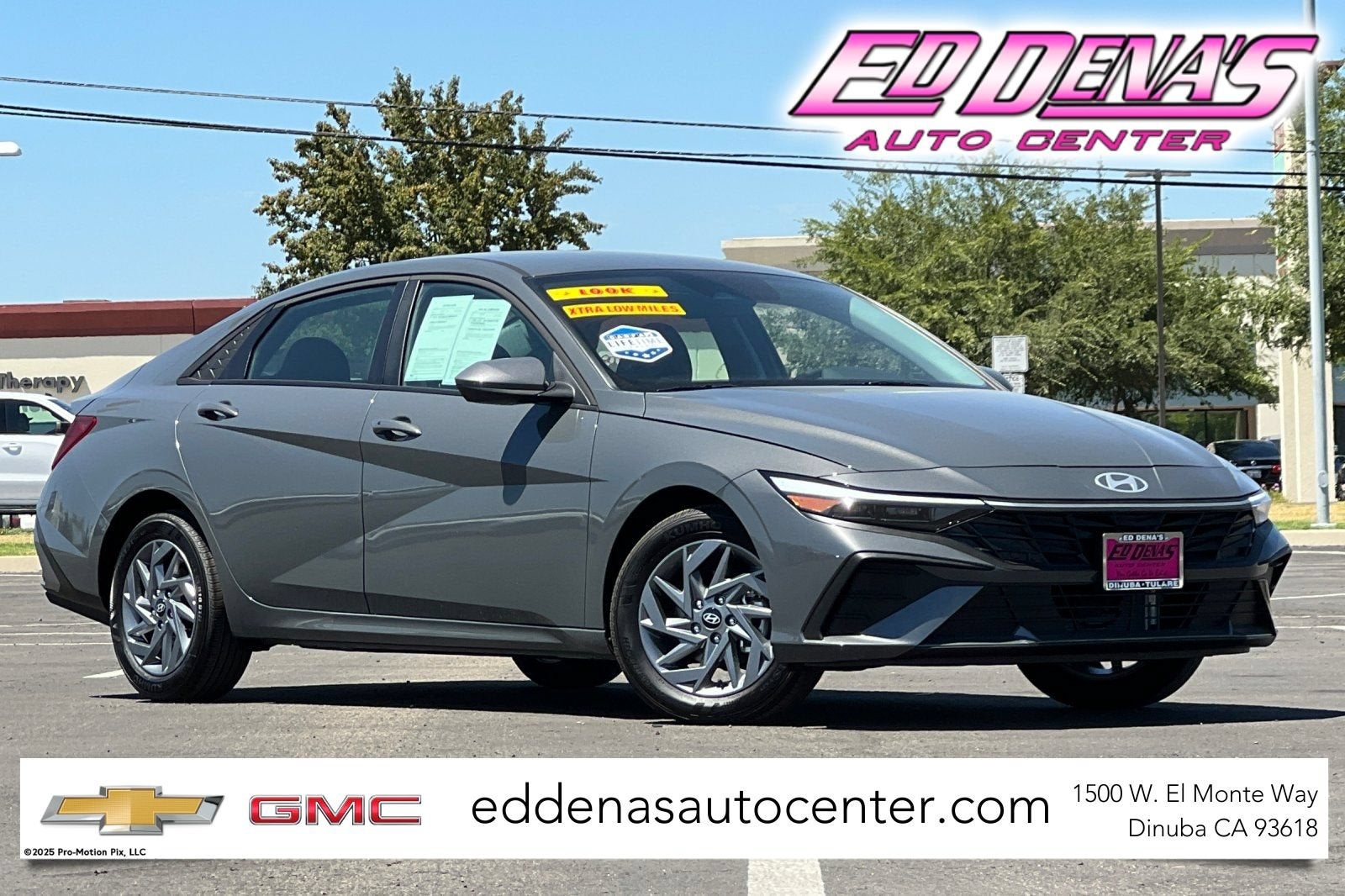 2026 Hyundai Elantra Hybrid Blue in Gray — front three-quarter view